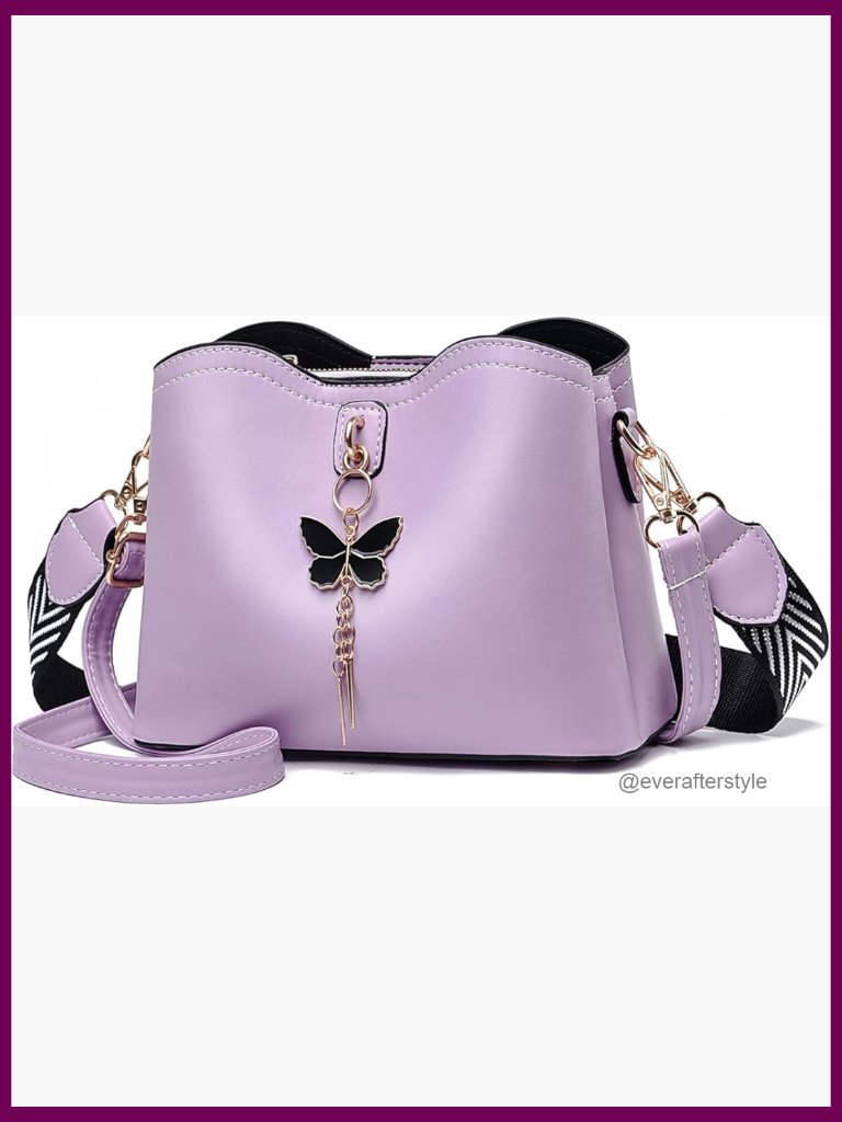 Lightweight Crossbody Bag With Butterfly Decoration, Two Straps, Faux Leather